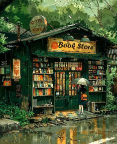 a woman holding an umbrella standing in front of a book store