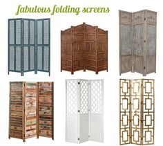 four different types of decorative screens with the words fabulous folding screens written below them in green and white