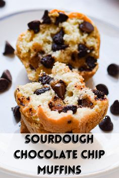 two chocolate chip muffins on a plate with the words sourdough chocolate chip muffins