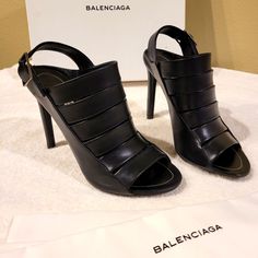 Balenciaga New Unused Noir Leather Sandals Size 36 Designer Leather Sole Sandals For Work, Calf Leather Slingback Party Sandals, Designer Slingback Heels With Buckle Closure, Designer Round Toe Sandals For Work, Black Calf Leather Slingback Sandals, Designer Workwear Sandals With Round Toe, Designer Leather Slingback Heels, Designer Pointed Toe Sandals For Work, Black Calf Leather Sandals With Ankle Strap