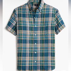 79% Linen/21% Cotton. Button-Down Collar. Machine Wash. Import. Item Bp972. Plaid Casual Tops For Business, Plaid Tops For Business Casual, Plaid Casual Top For Business Casual, Green Casual Shirt For Business Casual, Green Casual Business Shirt, Green Business Casual Shirt, Green Short Sleeve Tops For Business Casual, Multicolor Graphic Print Button-up Camp Shirt, Blue Printed Button-up Camp Shirt