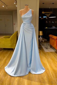 Elegant Light Blue One-shoulder Overskirt Soft-pleated Prom Dress Reception Dress Silk, Mermaid Wedding Dress Satin, Baby Blue Prom Dresses, African Mermaid, Wedding Dress Satin, Silk Prom Dress, Cheap Prom Dresses Long, One Shoulder Prom Dress, Luxurious Dresses