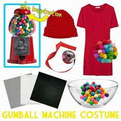 there is a gumball machine costume and other items in this photo, including a beanie