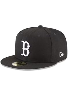 Boston Red Sox and White 59FIFTY Black New Era Fitted Hat Classic Cotton Fitted Hat For Sports Events, Black Cotton Fitted Hat With Embroidered Logo, Cotton Flat Bill Fitted Hat For Sports, Black Sporty Cotton Fitted Hat, Black Cotton Sporty Fitted Hat, Classic Black Cotton Fitted Hat, Collegiate Black Cotton Baseball Cap, Black Collegiate Cotton Baseball Cap, Collegiate Black Cotton Hat