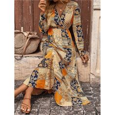 -Item Id 29747707 -Details: High Low, Wrap -Neckline: V Neck -Sleeve Type: Regular Sleeve -Style: Boho -Type: A Line -Waist Line: High Waist -Hem Shaped: Flared -Color: Yellow -Pattern Type: Patchwork, Scarf Print -Sleeve Length: Long Sleeve -Fit Type: Regular Fit -Length: Long -Material: Woven Fabric -Composition: 95.0% Polyester, 5.0% Elastane -Care Instructions: Machine Wash Or Professional Dry Clean -Sheer: No -Fabric: Non-Stretch **Open To Offers!!!** **Bundle To Save More** **30% Off Bundl Spring V-neck Patchwork Maxi Dress, Multicolor Patchwork Maxi Dress For Fall, Fall Multicolor Patchwork Maxi Dress, Chic Patchwork Maxi Dress For Fall, Fall Season V-neck Patchwork Maxi Dress, Long Sleeve Patchwork Maxi Dress For Vacation, Casual Floral Patchwork Dresses For Fall, Fitted Patchwork Maxi Dress For Fall, Fitted V-neck Patchwork Maxi Dress