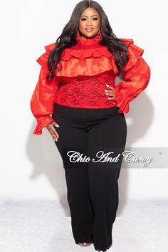 Final Sale Plus Size Lace Ruffle Blouse in Red – Chic And Curvy Elegant Red Ruffled Blouse, Fall Party Tops With Ruffled Collar, Red Ruffled Tops For Evening, Red Ruffled Blouse For Formal Occasions, Fitted Tops With Ruffled Collar For Night Out, Chic Red Blouse With Ruffles, Red Ruffled Stretch Tops, Red Stretch Ruffle Tops, Red Ruffled Blouse For Fall