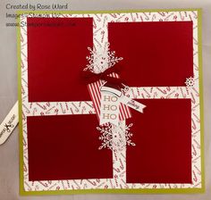 a red and white christmas card with snowflakes on it, which has a gift tag attached to the front