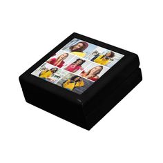 a black box with four different pictures on the front and sides, all in one photo