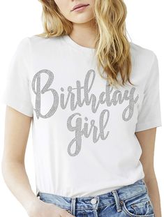 PRICES MAY VARY. STUNNING REAL CRYSTAL RHINESTONES BIRTHDAY TEE! This cute shirt says “Birthday Girl” in real faceted rhinestones. The Birthday Girl will love wearing this birthday shirt on her special day. EXCEPTIONALLY SOFT RING-SPUN COTTON! The Birthday Girl will look great and feel comfortable in the 100% Combed and ring-spun cotton White tee WOMEN’S RELAXED, MODERN FIT TEE! Our premium White short sleeve, crew neck birthday shirts are specially designed to have that modern relaxed fit that Cheap Short Sleeve Shirt For Birthday, Cheap Trendy T-shirt For Birthday, Cheap Casual Birthday Shirt, Cheap Cotton T-shirt For Birthday, Birthday T Shirts Ideas For Women, Bedazzled Shirt, Womens Birthday Shirt, Womens Birthday, Gorgeous Birthday