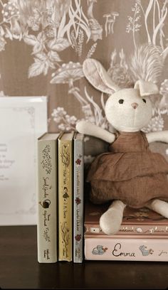 a stuffed animal sitting on top of two books next to a wallpapered wall