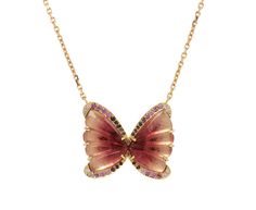 Carved Pink Tourmaline Butterfly Necklace– TWISTonline Silk Jewelry, Different Eras, Pink Spinel, Tourmaline Pendant, Understated Luxury, Color Story, Whimsical Design, Yellow Gold Chain, Feminine Aesthetic