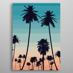 a painting of palm trees in front of a sunset