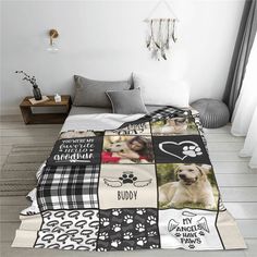 a dog themed blanket is on the floor