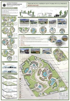 an architectural plan for a park with lots of trees and water features in the center