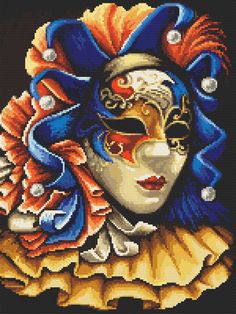 a cross stitch pattern of a woman's face wearing a carnival mask with pearls