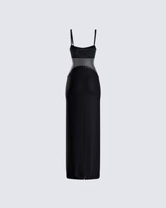 Step into the room looking classy, and way too good for them with this black maxi dress 😊 Made from a partially sheer ponte fabric, complete with rhinestones, adjustable straps, an invisible side zipper, and a column-shape 🖤 Leave little to the imagination -- 'dress' is sheer & undergarments are not included 👀 Black Maxi Dress With Built-in Bra For Parties, Black Maxi Dress With Sheer Back For Evening, Maxi Dress With Built-in Bra For Night Out, Rhinestone Maxi Dress, White Corset Dress, Yellow Mini Dress, Rhinestone Top, Mesh Maxi Dress, Ponte Fabric