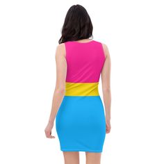 Feel amazing in this minimalist color block pansexual flag dress. This stunning pan pride dress is soft, stretchy and comfortable and the bodycon effect is very flattering. Being a sleeveless tank style dress it is suitable for all kinds of occasions from pride events to summer festivals or simply take with you on vacation. Whilst the pansexual colors are bold they are arranged in a stylish way and you'll love the way it stretches in all the right places and is so easy to wear it feels like a se Rainbow Sleeveless Dress, Stretch Color Block Mini Dress, Color Block Stretch Mini Dress, Multicolor Color Block Sleeveless Summer Dress, Spring Fitted Color Block Tank Top, Fitted Color Block Tank Top For Spring, Color Block Summer Dress With Stretch, Spring Rainbow Fitted Dress, Fitted Sleeveless Multicolor Mini Dress