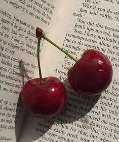 two cherries sitting on top of an open book