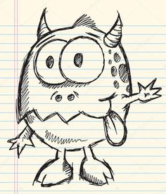 a drawing of a cartoon monster with horns on it's head, pointing to the side