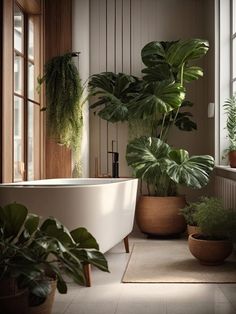 a bath tub sitting next to two potted plants