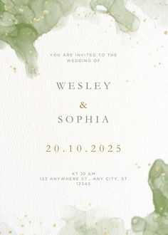 a wedding card with green leaves and gold glitters on the bottom, in front of a white background