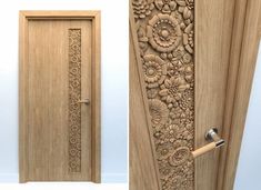 the door is made out of wood and has intricate carvings on it, as well as a hammer