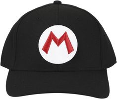 Join your favorite Italian brothers on their adventures with this Super Mario Brothers Mario embroidered symbol black snapback hat! The Super Mario Brothers video game fan merchandise is a black snapback hat made of 100% high-quality polyester material and is able to adjust to fit most sizes with the adjustable band in the back of the hat and a stretch sweatband for comfort. The Super Mario Brothers fan accessory features a bold, embroidered M logo on the front of the hat and a bold, unique unde Adjustable Black Hats With Logo, Adjustable Black Baseball Cap With Logo, Black Adjustable Logo Baseball Cap, Red Snapback Hat With Embroidered Logo, Mario And Luigi Hats, Red Snapback Hat With Logo Patch, Super Mario Bros Merchandise, Mario Hat, Black Snapback