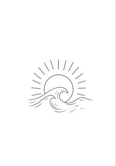 a black and white line drawing of the sun rising over an ocean with waves in it