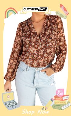 Brown Floral V Neck Blouse Brown Floral Print, Brown Floral, V Neck Blouse, Floral Prints, Shop Now, V Neck, Free Shipping, Floral, Clothes