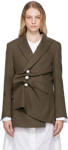 KIMHĒKIM: Khaki Draped Blazer | SSENSE Asymmetrical Business Blazer For Fall, Asymmetrical Single Breasted Outerwear For Office, Asymmetrical Single-breasted Outerwear For Office, Asymmetrical Blazer For Business In Spring, Asymmetrical Single-breasted Office Outerwear, Asymmetrical Spring Business Blazer, Spring Asymmetrical Business Blazer, Asymmetrical Single-breasted Outerwear For Work, Asymmetric Blazer