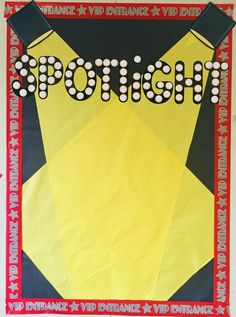 a poster with the word spotlight written in black and white letters on it, against a yellow background