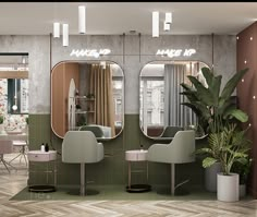 a hair salon with mirrors and chairs in front of plants on the side of the room