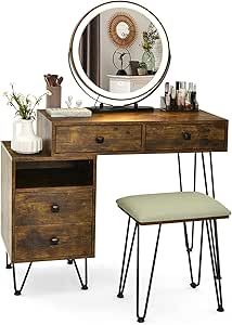 CHARMAID Vanity Set with 3 Colors Lighted Mirror, Left or Right Side Cabinet, 2 Large Drawers, Lipstick Storage Box, Bedroom Makeup Vanity Dressing Table with Cushioned Stool, Rustic Brown Dressing Table With Storage, Cosmetic Tray, Modern Dressing Table, Large Storage Cabinets, Dressing Table Storage, Bedroom Makeup Vanity