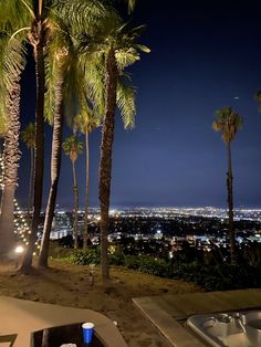 palm trees and hot tub at night overlooking city lights