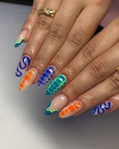 Art vibe 💚 @soukaina.lah #nails #nailsstrasbourg #frenchnails #nailart #nailartstrasbourg #onglesstrasbourg #ongles #3Dnails #prothesisteongulaire Square Nail French Designs, Colorful Nail Designs Acrylics, Marbella Nails, Fun Nails Designs, Different Design On Each Nail, Art Vibe, Pastel Nails Designs, Retro Nails, Diy Acrylic Nails