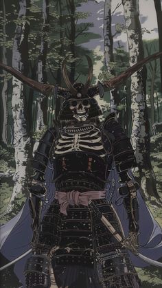 an image of a skeleton warrior in the woods with his arms crossed and two swords out