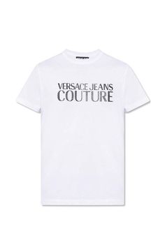 - 100% cotton  - imported  - machine wash  - black irredescent logo  - short sleeves  - crew neck Versace Jeans Couture, Versace Jeans, Designer Clothes For Men, Black Logo, Versace, White Black, Mens T, White And Black, Short Sleeves