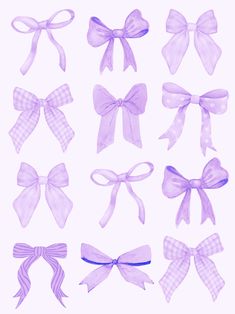 six different types of bows are shown in purple and white colors on a white background