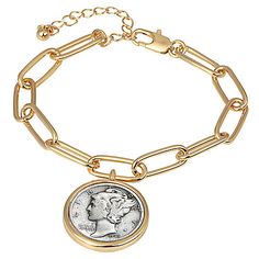 American Coin Treasures Mercury Dime Coin Goldtone Elongated Link Bracelet - Features:Genuine Coin Jewelry Bracelet. Chain and Extender is 7"+3 American Coins, Mens Gold Jewelry, Italian Jewelry, Bracelet Chain, Coin Jewelry, White Mark, Sun Tan, Pendant Rings, Jewelry Bracelet