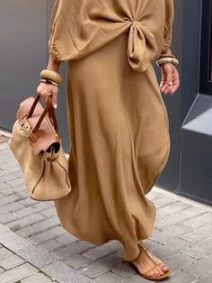 An exclusive offer for you——Affordable prices at Stylewe store, SPU: 1XSK6O7A52, Color: Khaki, Material:Polyester, Dress length:Maxi. Luxury Voluminous Skirt For Fall, Affordable High Waist Casual Maxi Skirt, Blouses For Maxi Skirts, Long Skirts Casual, Lace Front Dress, Minimalist Wardrobe Essentials, Stand Collar Dress, Long Skirt Casual, Skirts Casual