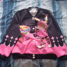 Pink And Black Brand New/Never Worn Girls Size 8y Stretchy Material Casual Cartoon Print Outerwear For Spring, Casual Outerwear With Cartoon Print For Spring, Cute Long Sleeve Outerwear With Buttons, Cute Long Sleeve Outerwear With Button Closure, Casual School Outerwear With Buttons, Cute Fall Outerwear For Streetwear, Cute Black Outerwear For Winter, Cute Black Winter Outerwear, Pink Outerwear With Cartoon Print For Fall