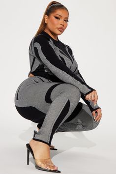 Available In Black/combo And Cognac. Sweater Legging Set Long Sleeve Top High Neck Leggings Elastic Waistband Stretch Disclaimer: Pattern Placement May Vary. 50% Rayon 30% Polyester 20% Nylon Imported | Ava Sweater Legging Set in Black size Medium by Fashion Nova Black Fitted Activewear For Fall, Fitted Black Activewear For Fall, Black Winter Workout Leggings, Winter Workout Black Leggings, Trendy Black Long Sleeve Activewear, Black Fitted Activewear For Winter, Tight Black Activewear For Fall, Black Stretch Activewear For Fall, Sweaters And Leggings