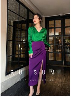 Brand: Rui Sumi Size: SML Color : Green + purple suit + belt Season: Spring SIZING CHART (cm) SIZE SHOULDER WIDTH CHEST CIRCUMFERENCE CLOTH LENGTH SLEEVE LENGTH S 39 94 77 58 M 40 98 78.5 59 L 41 102 80 60 Dark Purple Top Outfit Color Combos, Purple And Green Outfits For Women, Purple Silk Skirt Outfit, Colorful Suits For Women, Violet Skirt Outfit, Purple Skirt Outfit Ideas, Dark Purple Skirt Outfit, Purple Satin Skirt Outfit, Purple Set Outfit