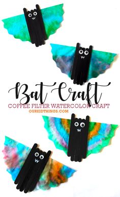 Coffee Filter Watercolor Bat Craft Prek Bat Craft, Bat Coffee Filter Craft, Hanging Bats Craft, Hanging Halloween Crafts For Kids, Halloween Coffee Filter Crafts For Kids, Hanging Bat Craft, Halloween Bat Crafts For Kids, Bat Preschool Crafts, Coffee Filter Bats