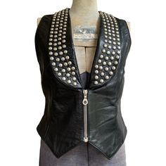 Genuine Leather Moto Vest With Silver Tone Studded Embellishments In Rounded Lapels. Chunky Exposed Front Zipper. Size Small. True To Size. Moto Vest, Vintage Jackets, Leather Moto, Vintage Jacket, Leather Jackets, Front Zipper, Vintage Black, Black Silver, Vintage Ladies