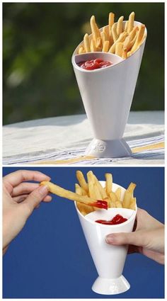 two pictures side by side one with french fries and the other with ketchup