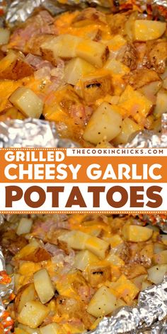 Check out this summer grilling idea for a simple Memorial Day side dish! This Grilled Cheesy Garlic Potatoes recipe is cooked in tin foil, making clean up a breeze. An easy spring recipe perfect for any BBQ or gathering! Cheesy Potatoes On The Grill, Memorial Day Sides Dishes, Memorial Day Sides, Easy Memorial Day Food, Bbq Ideas Grill, Memorial Day Side Dishes, Memorial Day Food Ideas, Memorial Day Food