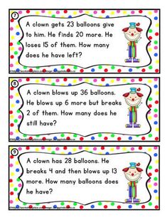 two clowns with numbers and balloons on them, one has the same number for each balloon