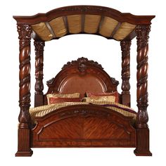 a wooden bed frame with intricate carvings and pillows on it's headboard, against a white background