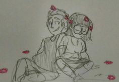 a drawing of two people sitting next to each other on the ground with flowers around them